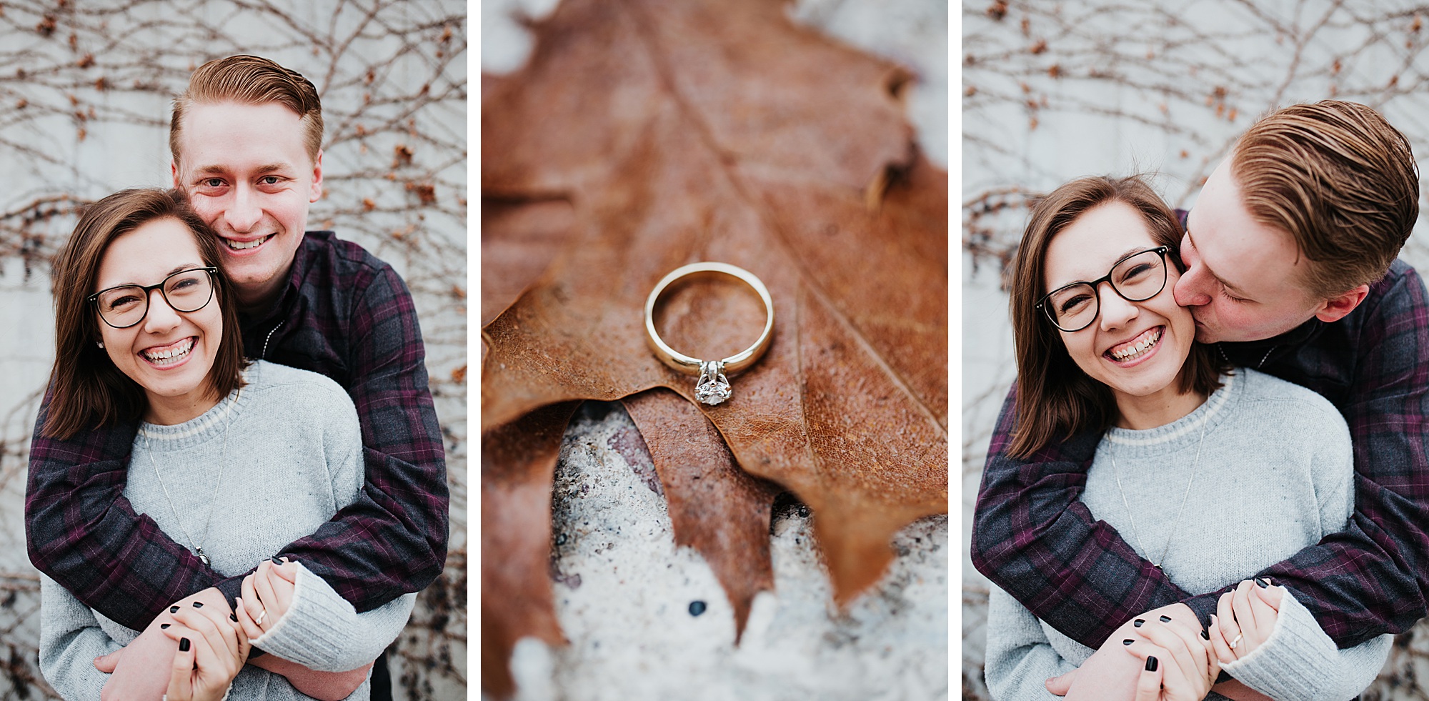 Photo collage of couple and ring during engagement session.