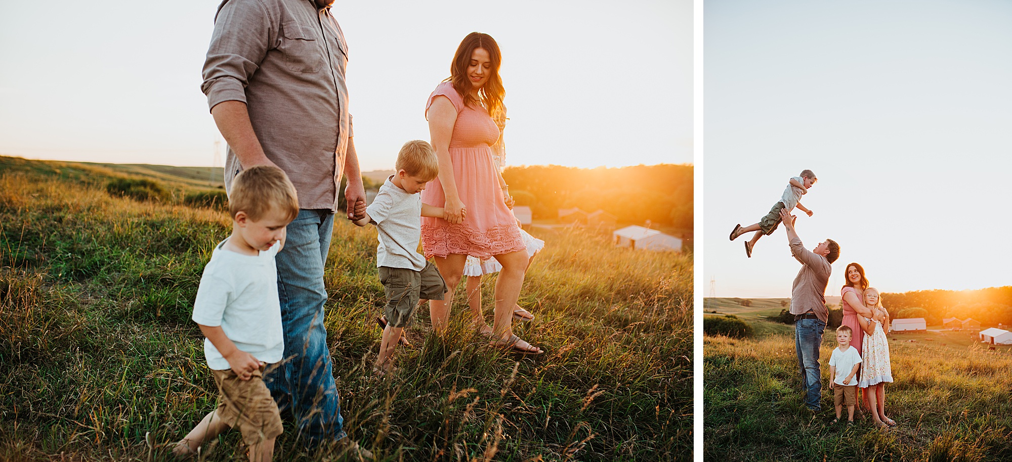 Family walking through pasture wearing a mix of pastel and neutral colors.