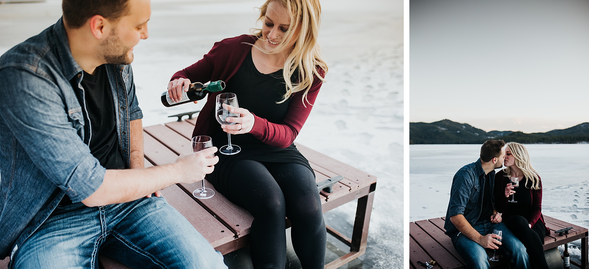 Couple drinking wine together on a dock at their engagement session.